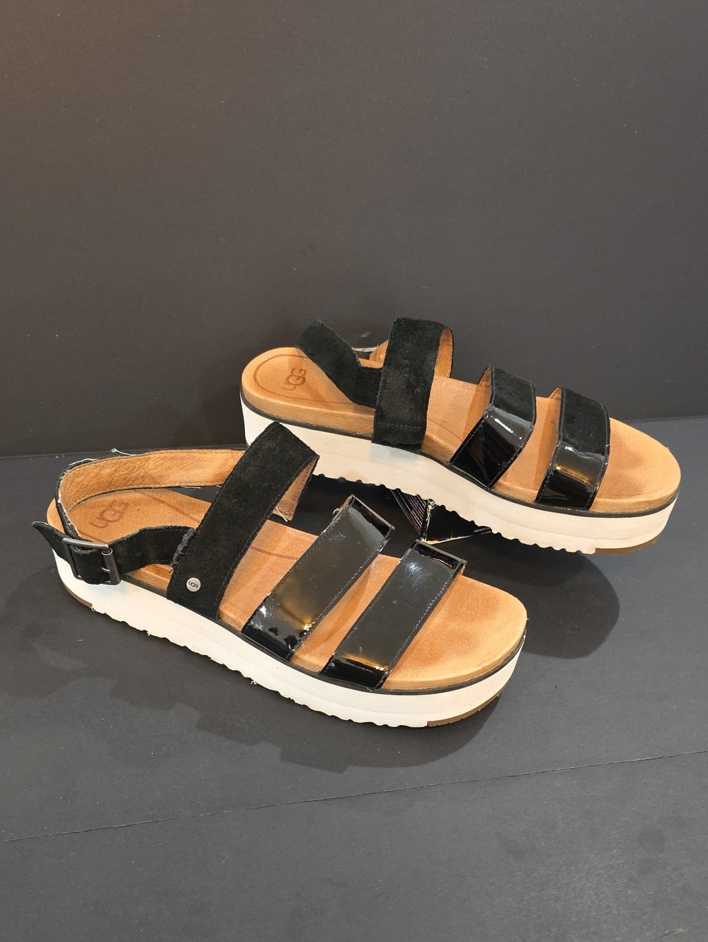 UGG Black Patent and Suede Platform Sandals Size 9.5